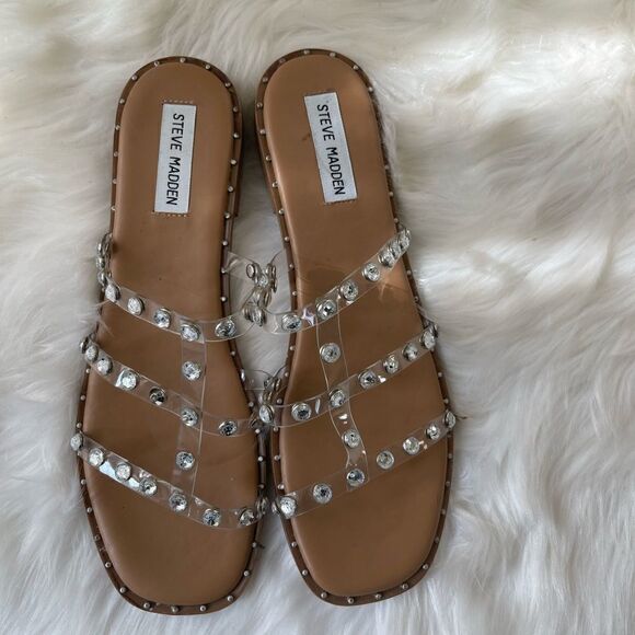 Steve Madden Lynda clear crystal straps sandals slip on square toe size 9M - Picture 12 of 13
